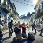 Armed bandits attack two tourists who are on their knees. A backpack on the ground, a poverty district and landscapes in the background.