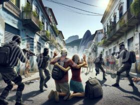 Armed bandits attack two tourists who are on their knees. A backpack on the ground, a poverty district and landscapes in the background.