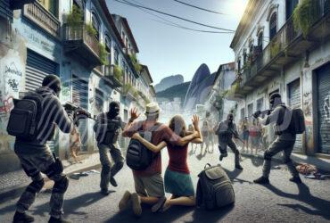 Armed bandits attack two tourists who are on their knees. A backpack on the ground, a poverty district and landscapes in the background.