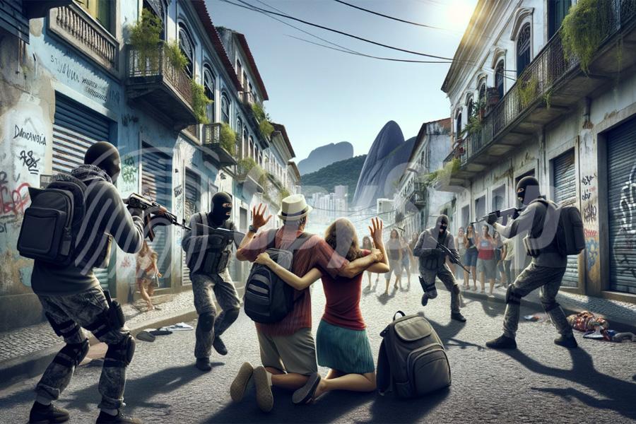 Armed bandits attack two tourists who are on their knees. A backpack on the ground, a poverty district and landscapes in the background.