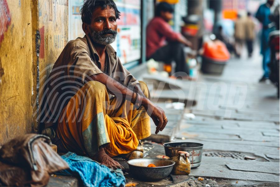 An Indian resident sits on the pavement in one of the crowded streets. There is noticeable dirt all around.