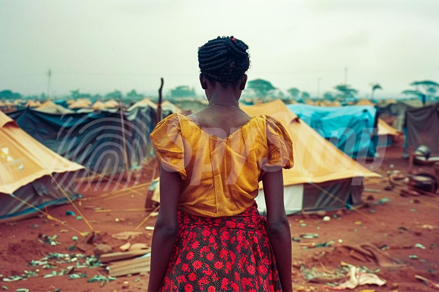 A resident of Niger with her back turned to the camera. In the background, a poverty quarter and dozens of makeshift tents.