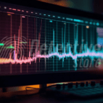 Computer screen showing advanced frequency graphs. A darkened room in the background.