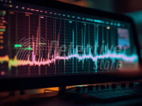 Computer screen showing advanced frequency graphs. A darkened room in the background.