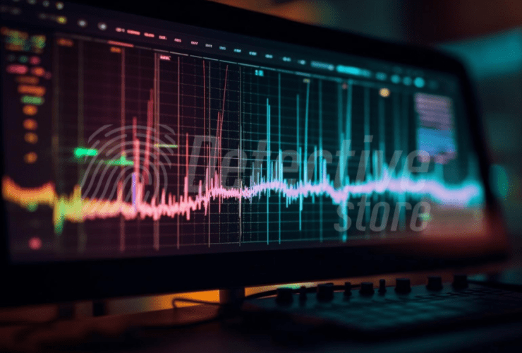 Computer screen showing advanced frequency graphs. A darkened room in the background.