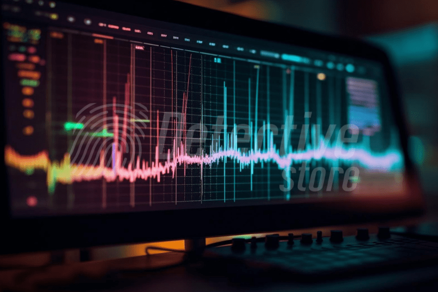 Computer screen showing advanced frequency graphs. A darkened room in the background.