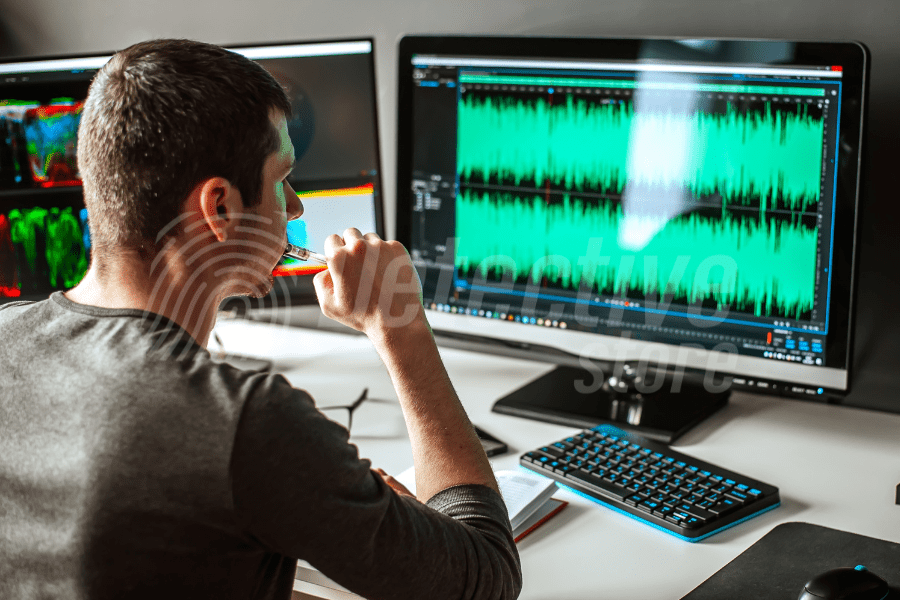 A man sits at his desk and nibbles on a pen. He stares at the computer screen, which shows a frequency graph from a spectrum analyser.