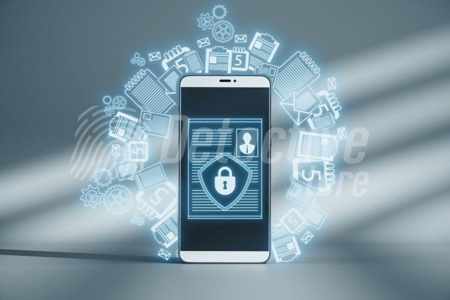A secure smartphone with digital data icons represents forensic data recovery, encryption, and evidence integrity in modern investigations.