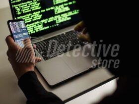 A forensic specialist analyzes digital data on a smartphone and laptop, showcasing advanced data recovery and cybersecurity investigation techniques.