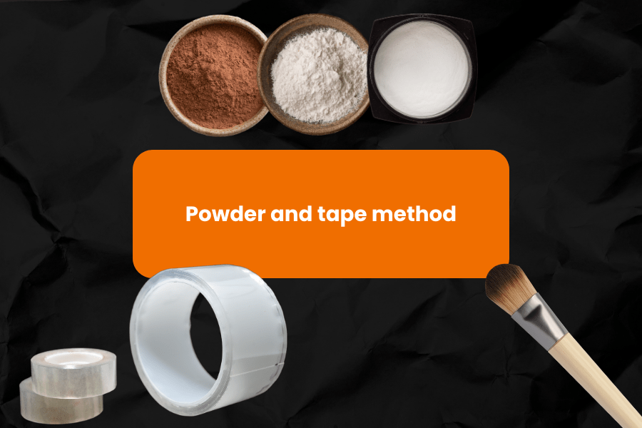 Accessories for fingerprinting at home. visible include powder, brush and adhesive tape. Box in the centre of the photo with the name of the method.