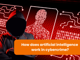 A hooded figure standing against a backdrop of binary code and digital patterns, representing the use of artificial intelligence in cybercrime. The question "How does artificial intelligence work in cybercrime?" is displayed prominently.