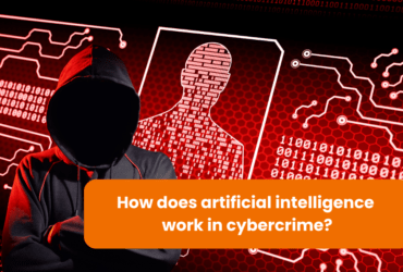 A hooded figure standing against a backdrop of binary code and digital patterns, representing the use of artificial intelligence in cybercrime. The question "How does artificial intelligence work in cybercrime?" is displayed prominently.