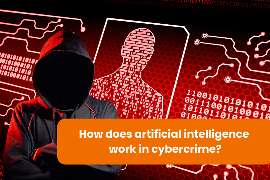 A hooded figure standing against a backdrop of binary code and digital patterns, representing the use of artificial intelligence in cybercrime. The question "How does artificial intelligence work in cybercrime?" is displayed prominently.