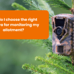 A camouflage camera mounted on a tree, with the question "How do I choose the right camera for monitoring my allotment?" displayed above it.