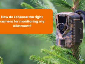 A camouflage camera mounted on a tree, with the question "How do I choose the right camera for monitoring my allotment?" displayed above it.