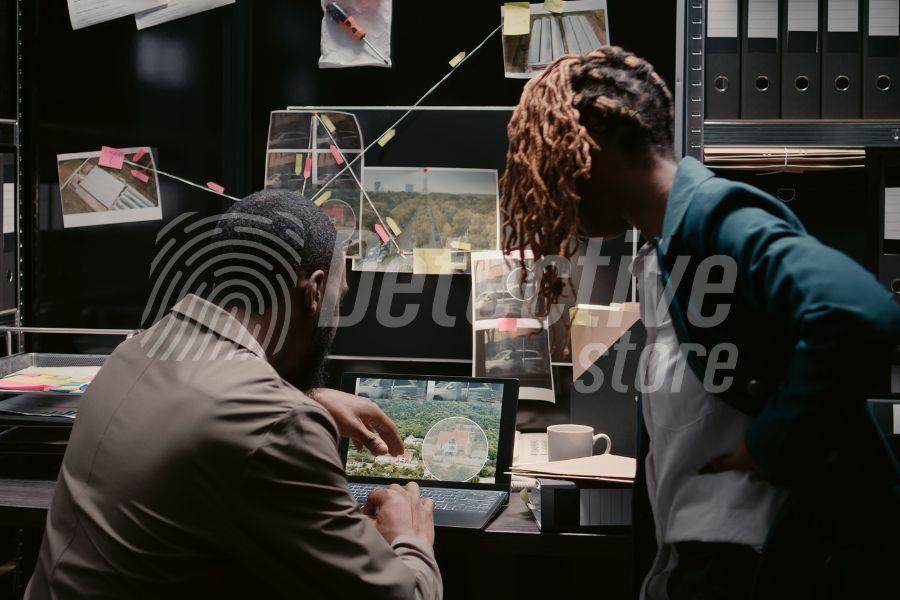 Two investigators examine audio-visual data from a surveillance operation using laser microphones and other tools.