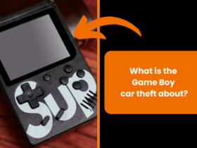 A device that looks like a Game Boy with a large SUP logo on the casing. Next to it is an orange frame with the text: ‘How easy is it to steal a car with a Game Boy?’ with an orange arrow pointing to the device.