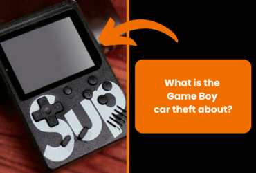 A device that looks like a Game Boy with a large SUP logo on the casing. Next to it is an orange frame with the text: ‘How easy is it to steal a car with a Game Boy?’ with an orange arrow pointing to the device.