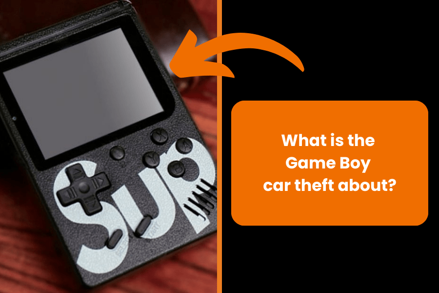 A device that looks like a Game Boy with a large SUP logo on the casing. Next to it is an orange frame with the text: ‘How easy is it to steal a car with a Game Boy?’ with an orange arrow pointing to the device.