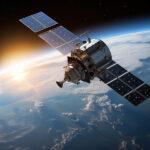 A communication satellite in Earth’s orbit, representing global voice and data transmission systems —highlighting vulnerabilities to signal interception.