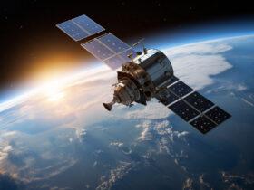 A communication satellite in Earth’s orbit, representing global voice and data transmission systems —highlighting vulnerabilities to signal interception.