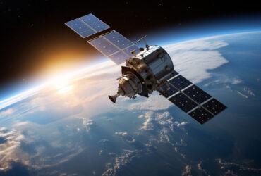 A communication satellite in Earth’s orbit, representing global voice and data transmission systems —highlighting vulnerabilities to signal interception.