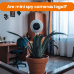 The graphic shows a mini camera placed on a flower, which is visible and not hidden. In the background, you can see a cosy living room with furniture.