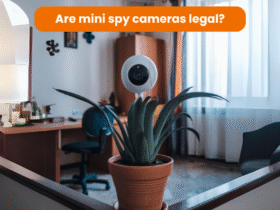 The graphic shows a mini camera placed on a flower, which is visible and not hidden. In the background, you can see a cosy living room with furniture.