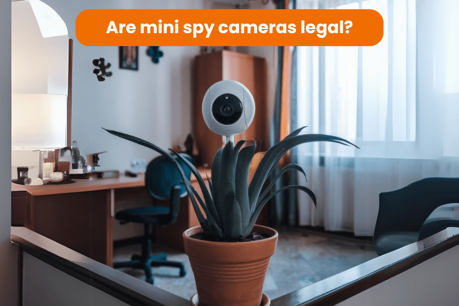 The graphic shows a mini camera placed on a flower, which is visible and not hidden. In the background, you can see a cosy living room with furniture.