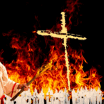 A compilation of photos related to the Ku Klux Klan. Visible are a burning cross, members of the group, and the characteristic attire of the Ku Klux Klan.