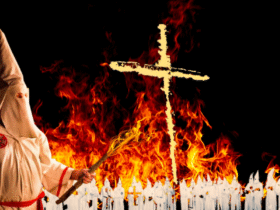 A compilation of photos related to the Ku Klux Klan. Visible are a burning cross, members of the group, and the characteristic attire of the Ku Klux Klan.