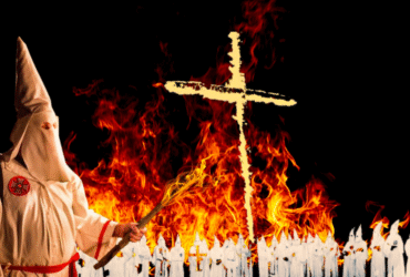 A compilation of photos related to the Ku Klux Klan. Visible are a burning cross, members of the group, and the characteristic attire of the Ku Klux Klan.