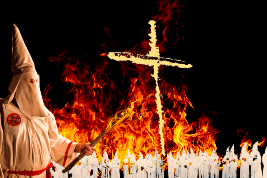 A compilation of photos related to the Ku Klux Klan. Visible are a burning cross, members of the group, and the characteristic attire of the Ku Klux Klan.