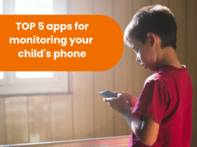 A little boy stands with his back to the camera, looking at the phone he is holding in his hands. A room can be seen in the background. Against an orange background, the words ‘TOP 5 apps for controlling your child's phone’ are displayed.