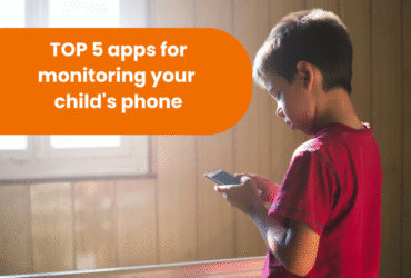 A little boy stands with his back to the camera, looking at the phone he is holding in his hands. A room can be seen in the background. Against an orange background, the words ‘TOP 5 apps for controlling your child's phone’ are displayed.