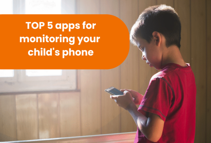 A little boy stands with his back to the camera, looking at the phone he is holding in his hands. A room can be seen in the background. Against an orange background, the words ‘TOP 5 apps for controlling your child's phone’ are displayed.