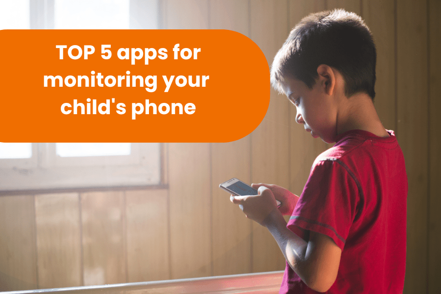 A little boy stands with his back to the camera, looking at the phone he is holding in his hands. A room can be seen in the background. Against an orange background, the words ‘TOP 5 apps for controlling your child's phone’ are displayed.