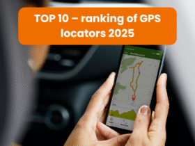 A person is holding a smartphone with a GPS app open. At the top of the graphic is the title: TOP 10 – GPS locator ranking 2025.
