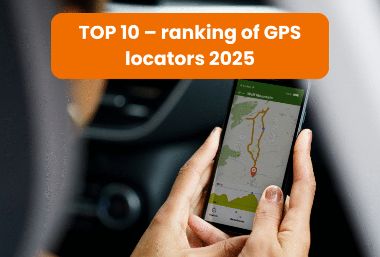 A person is holding a smartphone with a GPS app open. At the top of the graphic is the title: TOP 10 – GPS locator ranking 2025.