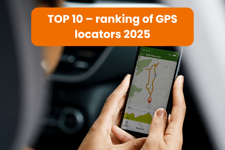 A person is holding a smartphone with a GPS app open. At the top of the graphic is the title: TOP 10 – GPS locator ranking 2025.